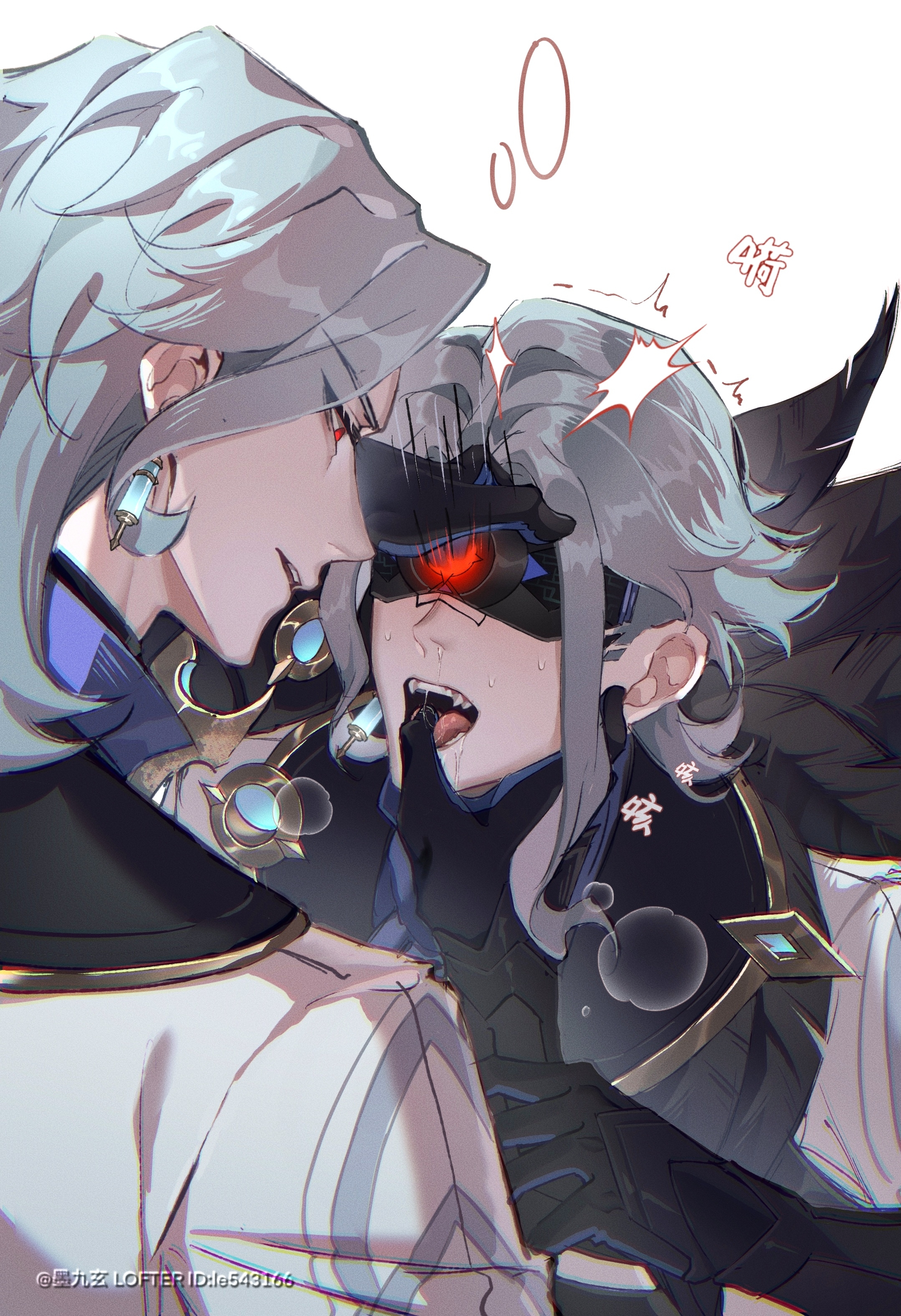 mojiuxuan, dottore (genshin impact), genshin impact, absurdres, highres, 2boys, black gloves, blue hair, dual persona, earrings, eye mask, gloves, jewelry, lofter username, male focus, mask, multiple boys, red eyes, saliva, selfcest, sharp teeth, short hair, simple background, single earring, syringe, syringe earrings, teeth, tongue, tongue grab, white background