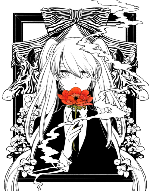 maruco, hatsune miku, hatsune miku (saihate), saihate (vocaloid), vocaloid, framed, bad id, bad pixiv id, 1girl, female focus, flower, iei, monochrome, outside border, portrait, smoke, solo, spot color, twintails, zebra