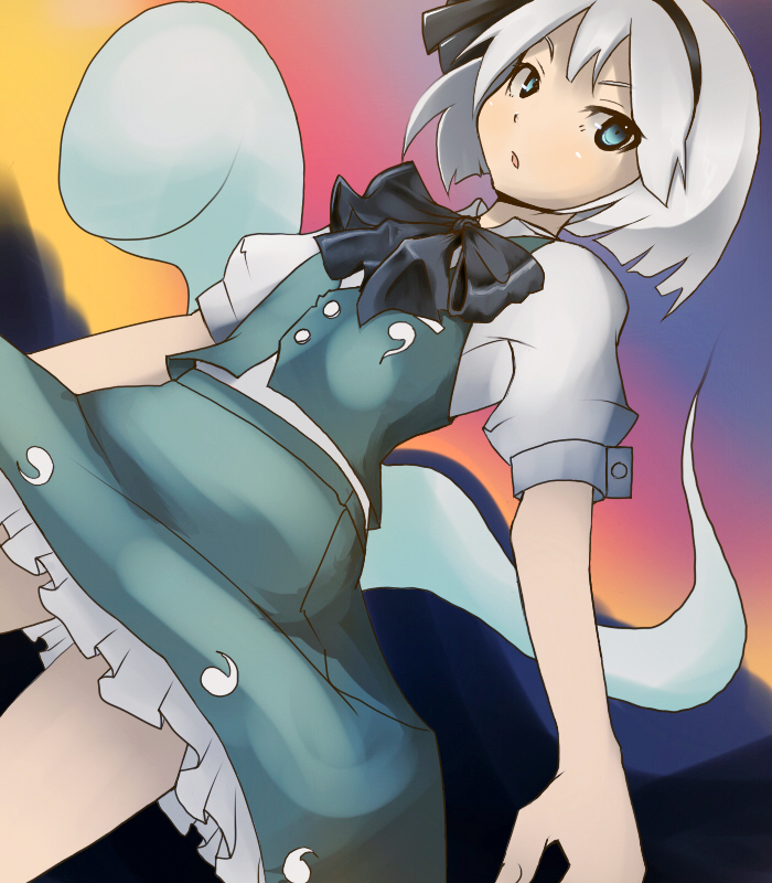 asakiyumemishi, konpaku youmu, konpaku youmu (ghost), touhou, bad id, bad pixiv id, 1girl, aqua eyes, female focus, ghost, hairband, hitodama, ribbon, short hair, solo, white hair