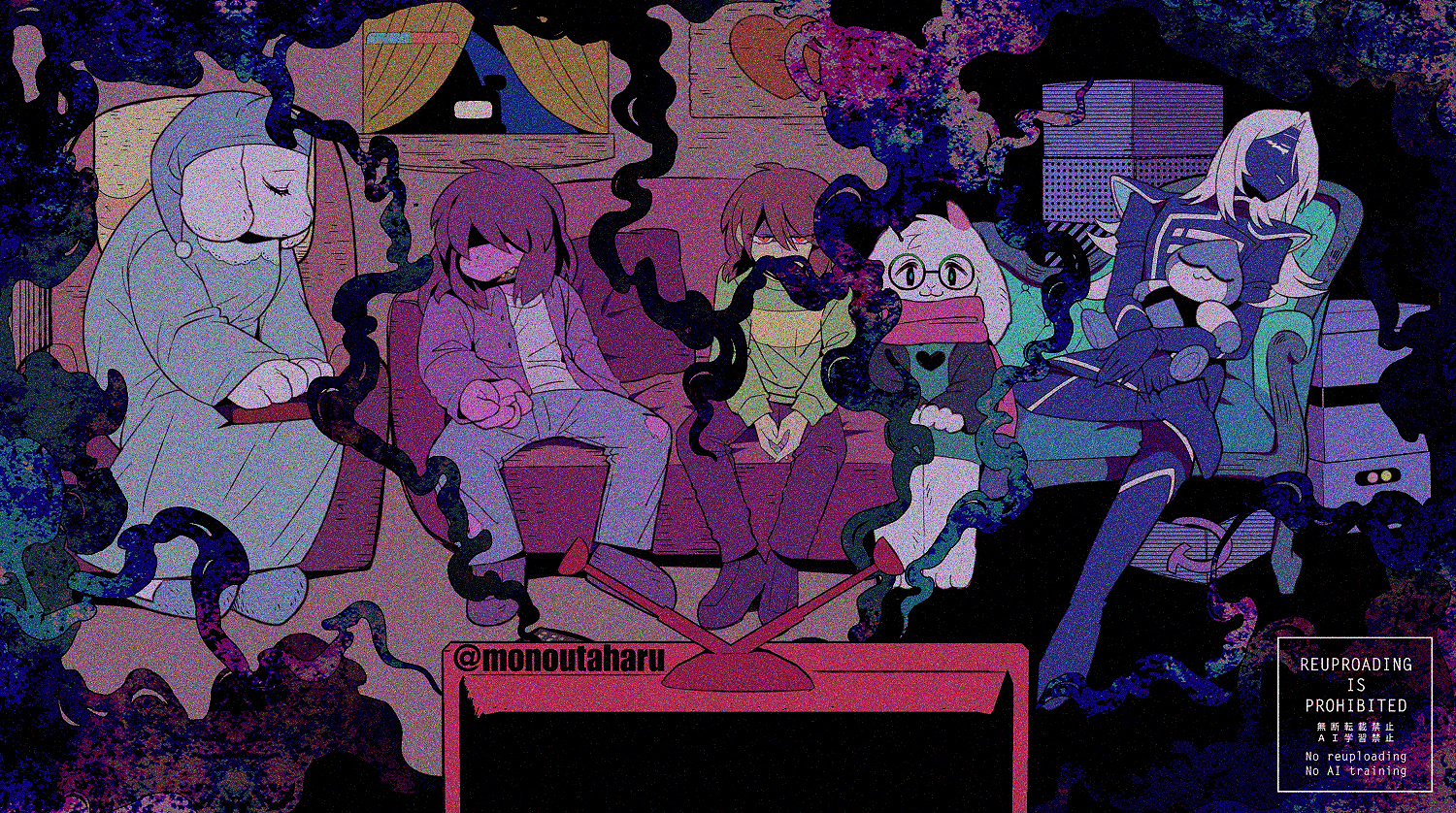 taharu (papiyas), kris (dark world) (deltarune), kris (deltarune), lancer (deltarune), ralsei, rouxls kaard, susie (deltarune), toriel, deltarune, utdr (toby fox), commentary request, 1other, 2girls, 3boys, :3, animal ears, blue pants, blue skin, breathing smoke, brown hair, closed eyes, colored skin, couch, curtains, film grain, full body, glasses, goat boy, goat ears, goat girl, group picture, hat, hometown (deltarune), in-universe location, indoors, jevilstail, looking at viewer, multiple boys, multiple girls, night, nightcap, nightgown, official alternate costume, on couch, own hands together, pants, pink scarf, pink skin, red eyes, round eyewear, scarf, shaded face, short hair, sitting, sleeping, smile, smoke, split theme, television, twitter username, watermark, window