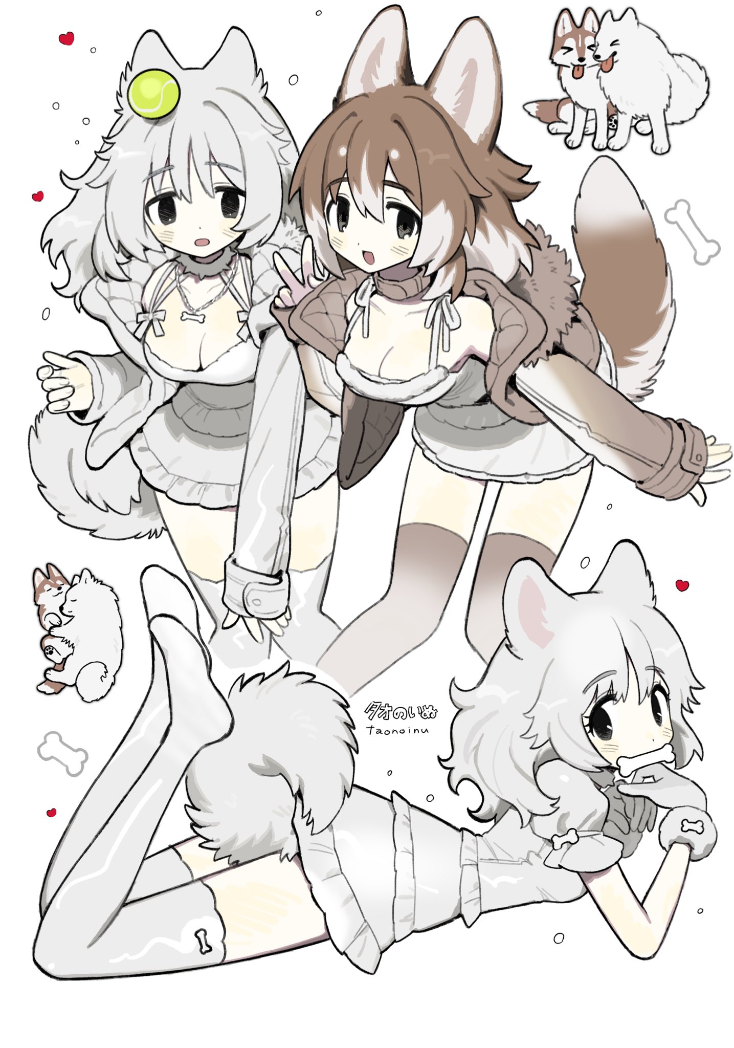 taonoinu, original, highres, 2girls, animal ears, artist name, ball, bone in mouth, bone necklace, breasts, brown hair, cleavage, collarbone, dog, dog ears, dog girl, dog tail, gloves, grey eyes, grey gloves, grey hair, grey thighhighs, heart, large breasts, long sleeves, looking at viewer, medium hair, multicolored hair, multiple girls, open mouth, simple background, tail, tennis ball, thighhighs, two-tone hair, v, white background, white hair