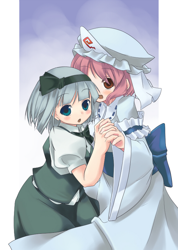 azuki akizuki, havemoon, konpaku youmu, saigyouji yuyuko, touhou, silver hair, 2girls, aqua eyes, blush, brown eyes, female focus, hairband, hat, holding hands, japanese clothes, kimono, multiple girls, pink hair, ribbon, short hair