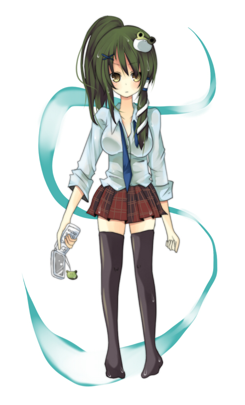 umi (umi02), kochiya sanae, touhou, bad id, bad pixiv id, 1girl, alternate costume, breasts, casual, cellphone, contemporary, female focus, green hair, long hair, phone, shirt, skirt, solo, thighhighs, wet, white background, yellow eyes, zettai ryouiki
