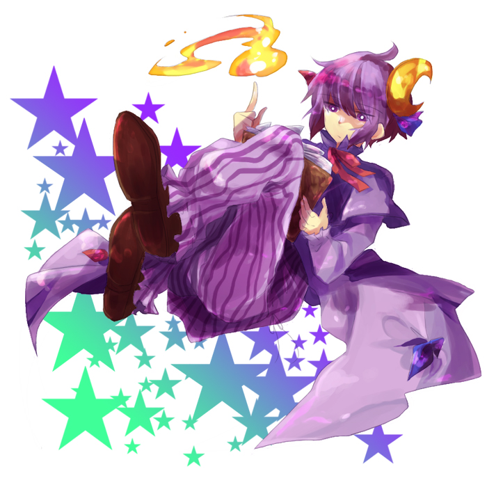 shiratamako, patchouli knowledge, touhou, bad id, bad pixiv id, 1boy, book, crescent, crescent hair ornament, fire, genderswap, genderswap (ftm), hair ornament, magic, male focus, purple hair, ribbon, short hair, solo, star (symbol)