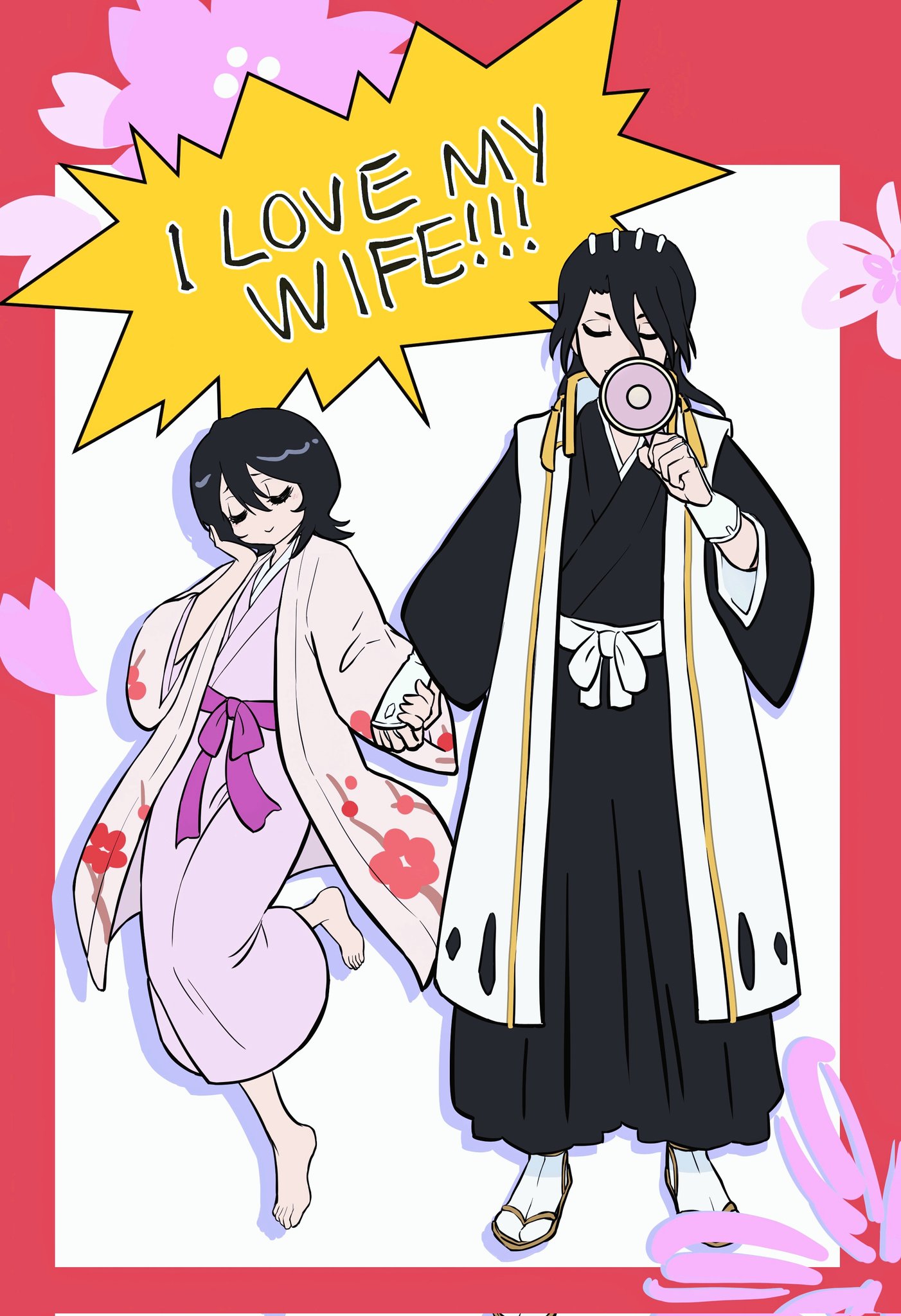 antatica11, kuchiki byakuya, kuchiki hisana, bleach, chinese commentary, commentary request, highres, 1boy, 1girl, barefoot, black hair, black kimono, border, cherry blossom print, closed eyes, closed mouth, couple, double-parted bangs, drop shadow, english text, facing viewer, floral print, floral print kimono, hair between eyes, hand on own cheek, hand on own face, hand up, haori, happy, hetero, holding, holding hands, holding megaphone, husband and wife, japanese clothes, kimono, long hair, long sleeves, medium hair, megaphone, pink kimono, print kimono, purple sash, red border, sash, shouting, simple background, smile, speech bubble, standing, standing on one leg, tabi, taichou haori, v-shaped eyebrows, white background, white sash, wide sleeves