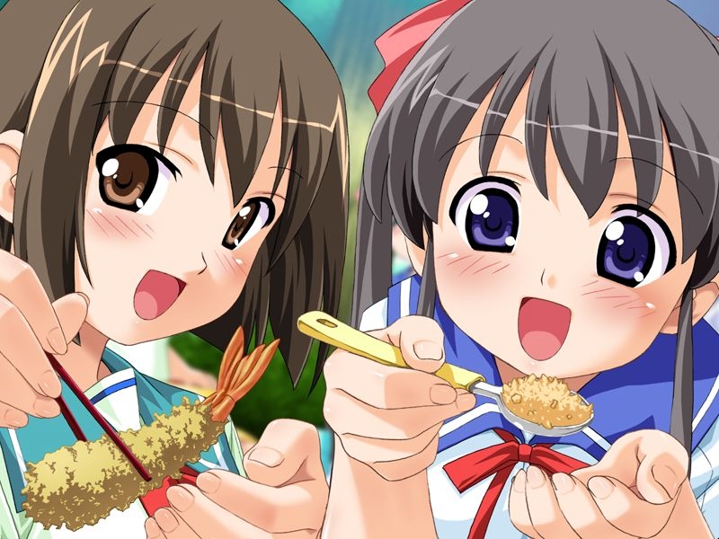 kuuchuu yousai, jinno hikari, manabe rika, makai tenshi djibril, makai tenshi djibril 2, game cg, 2girls, blue eyes, blush, brown eyes, brown hair, chopsticks, eating, feeding, food, holding, holding spoon, incoming food, multiple girls, pov, pov feeding, school uniform, serafuku, spoon