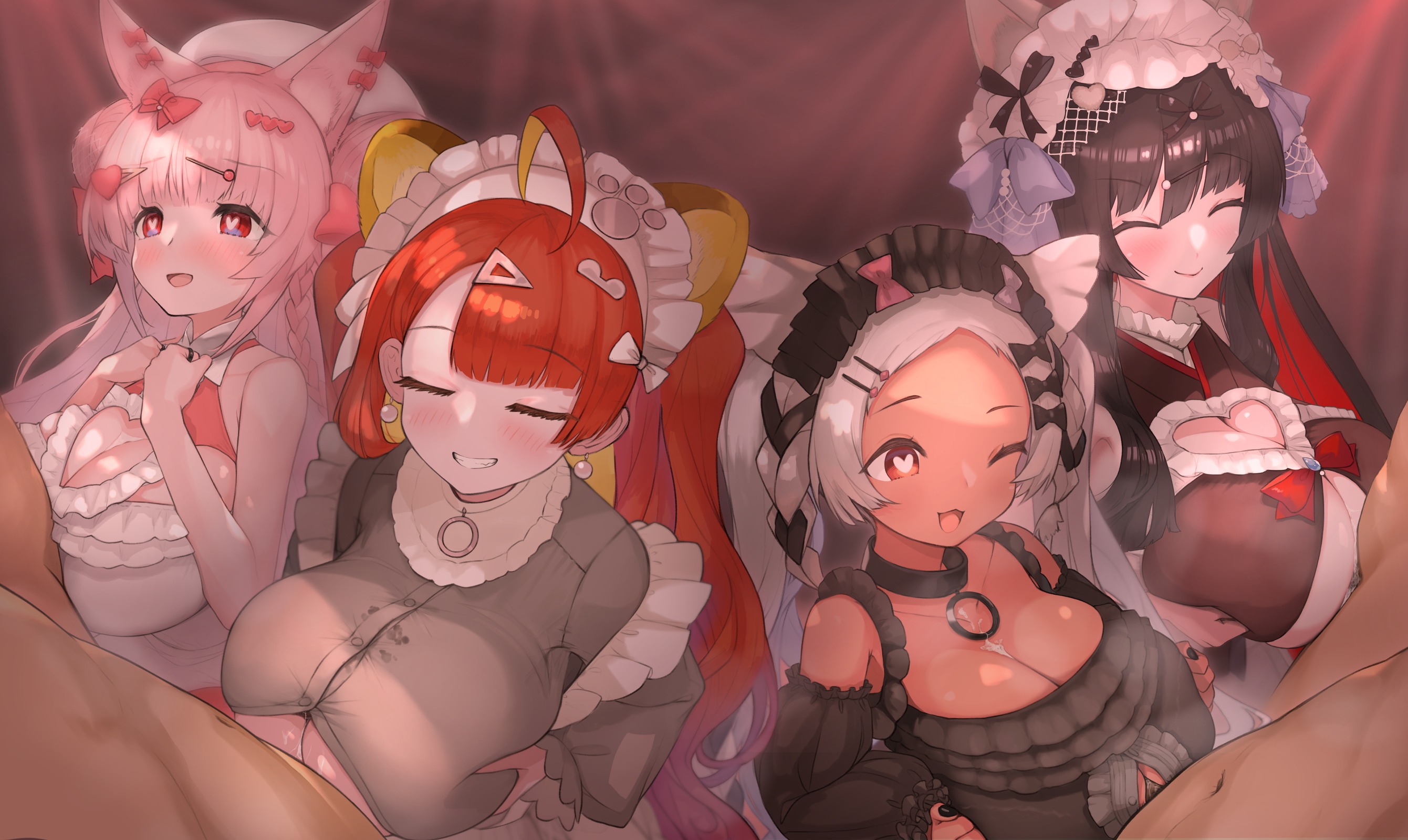 mikasayaki, gaou torai, jigokumachi rinse, manpuku torte, nekobuki kemuri, indie virtual youtuber, highres, 4boys, 4girls, after paizuri, ahoge, animal ears, bare shoulders, black dress, black hair, breasts, breasts squeezed together, cat ears, cleavage, closed eyes, cum, cum on body, cum on breasts, cum on upper body, dark-skinned female, dark skin, dot nose, dress, group sex, hair ornament, hairclip, head ornament, heart, heart-shaped pupils, heart hair ornament, huge breasts, jewelry, large breasts, long hair, multiple boys, multiple girls, open mouth, paizuri, pale skin, pink hair, red eyes, ring, shortstack, smile, symbol-shaped pupils, twintails, virtual youtuber, white hair