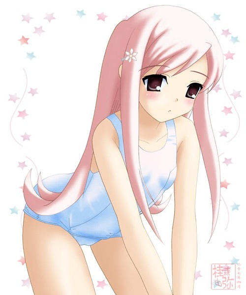 lucy maria misora, to heart (series), to heart 2, 00s, flat chest, long hair, one-piece swimsuit, pink hair, school swimsuit, solo, star (symbol), swimsuit, white one-piece swimsuit, white school swimsuit