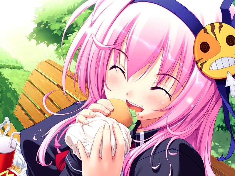 mcdonald's, bench, blush, burger, closed eyes, eating, food, hair ornament, hairband, pink hair, solo