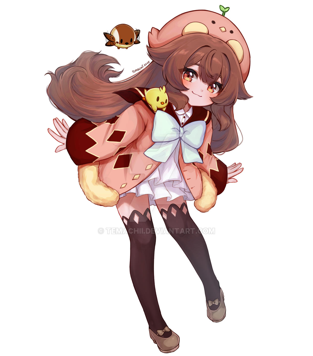 temachii, temachii (character), original, clip studio paint (medium), commentary, english commentary, highres, 1girl, artist name, bird, black thighhighs, blush, bow, brown eyes, brown hair, brown shoes, covering own mouth, dated, deviantart logo, deviantart username, dress, eyelashes, hat, jacket, long hair, pink hat, pink jacket, shoes, simple background, smile, solo, thighhighs, watermark, web address, white background, white bow, white dress