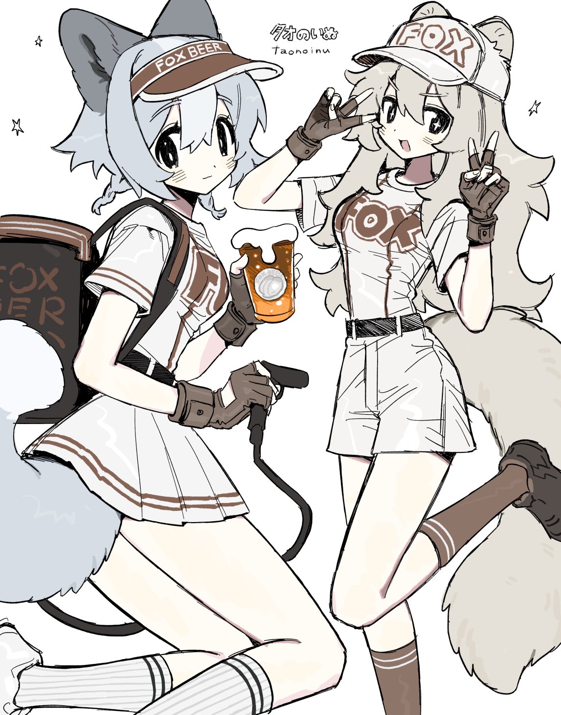 taonoinu, original, highres, + +, 2girls, alcohol, animal ears, artist name, baseball cap, beer, black eyes, breasts, bright pupils, brown gloves, brown shoes, closed mouth, cup, double v, fingerless gloves, fox ears, fox girl, fox tail, gloves, grey hair, hat, holding, holding cup, long hair, multiple girls, open mouth, pleated skirt, red socks, shoes, short hair, shorts, simple background, sketch, skirt, small breasts, socks, tail, uriko (baseball), v, white background, white hat, white pupils, white shoes, white shorts, white skirt, white socks