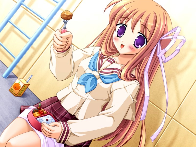 chinjao roosu, fujimoto mihane, haa haa telepath, game cg, source request, 1girl, bento, blush, bow, eating, female focus, food, fork, holding, holding fork, juice box, napkin, orange hair, purple eyes, school uniform, serafuku, solo