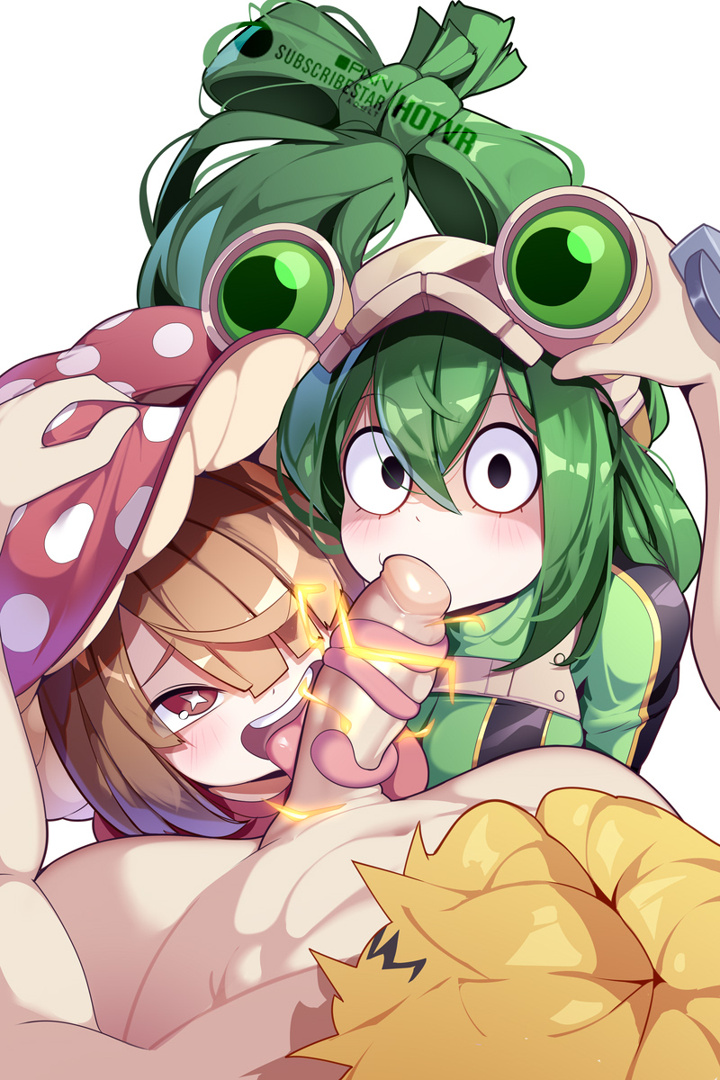 hot vr, asui tsuyu, kaminari denki, komori kinoko, boku no hero academia, highres, 1boy, 2girls, blonde hair, brown hair, cooperative fellatio, fellatio, ffm threesome, from above, green hair, group sex, hair over one eye, hetero, long hair, long tongue, multiple girls, mushroom hat, oral, penis, red eyes, teamwork (sexual), threesome, tongue, tonguejob, uncensored, very long hair