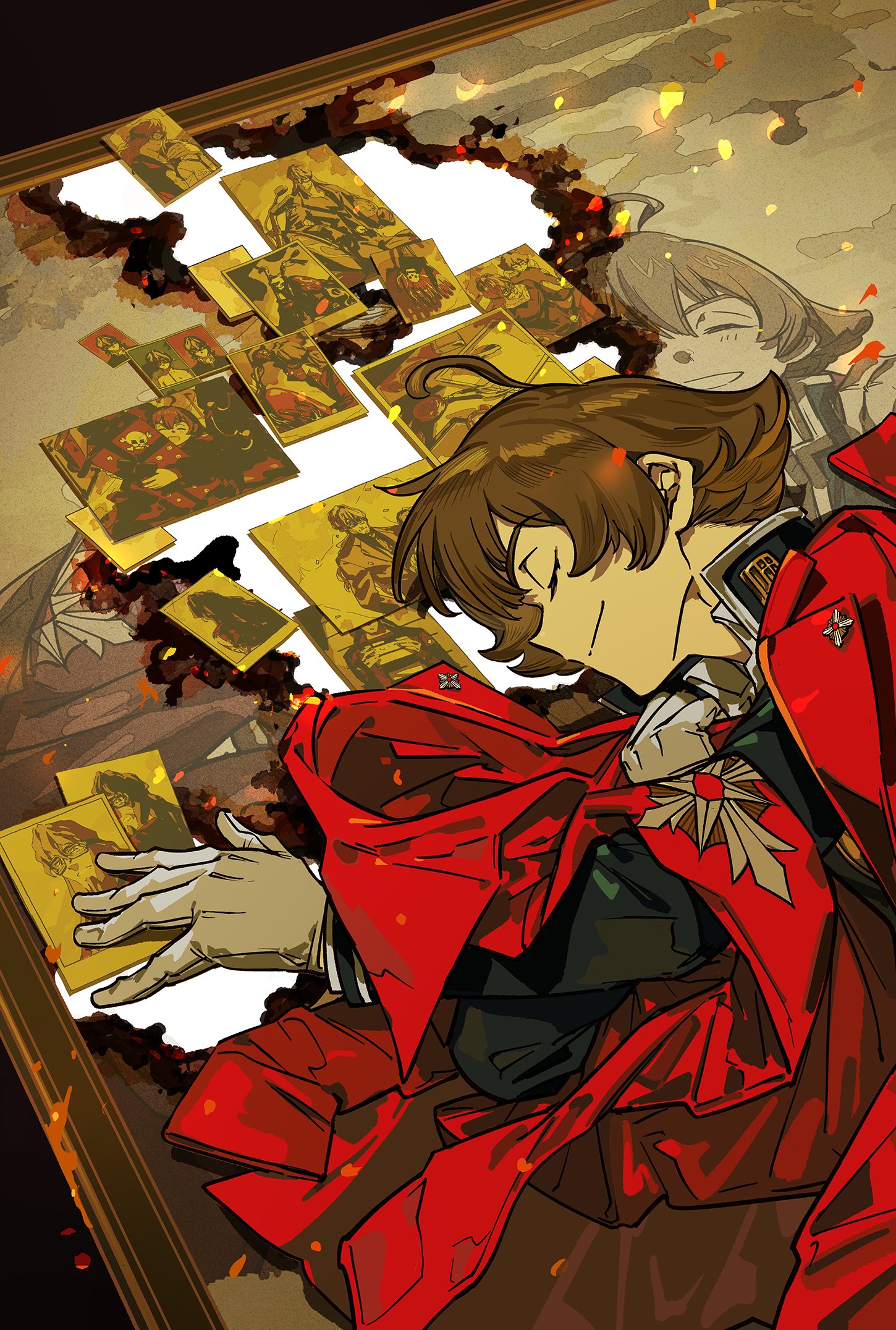 eustace winner, ace attorney, ace attorney investigations, ace attorney investigations 2: prosecutor's gambit, highres, 1boy, ahoge, bonetrap, brown hair, closed eyes, excelcius winner, father and son, gloves, goggles, jacket, jacket on shoulders, lapel pin, lying, male focus, on side, photo (object), portrait (object), red jacket, school uniform, short hair, smile, themis legal academy school uniform, white gloves