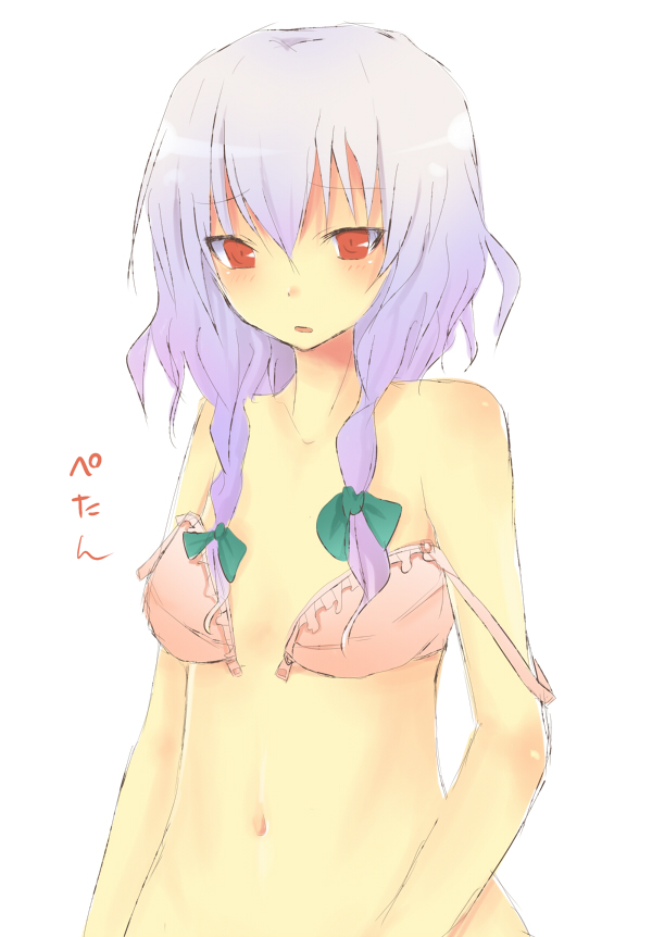 tetsuo (tashirosu), izayoi sakuya, touhou, bad id, bad pixiv id, 1girl, bra, breasts, female focus, hair ribbon, lingerie, purple hair, red eyes, ribbon, short hair, solo, underwear, white background