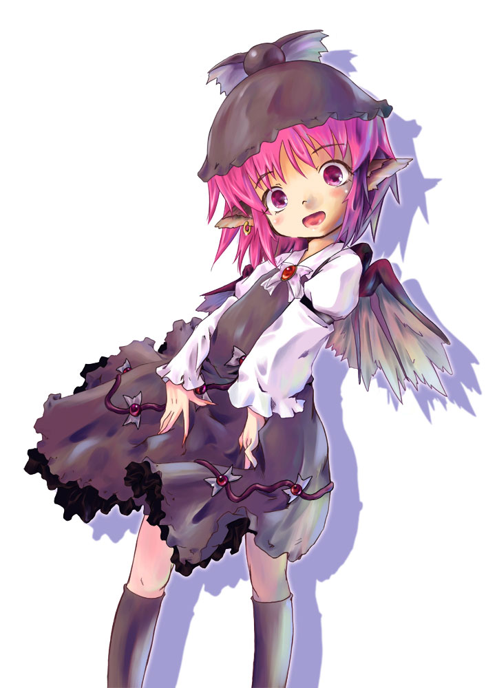 yanagie, mystia lorelei, touhou, 1girl, earrings, female focus, hat, jewelry, pink eyes, pink hair, short hair, simple background, solo, standing, white background, wings