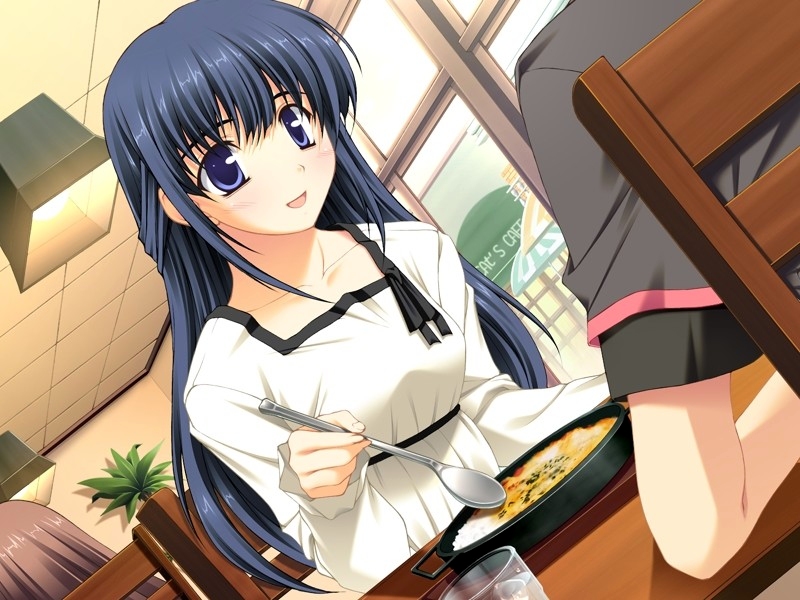 nishizaki eimu, kaneda haruka, tokyo fuusa, game cg, 1girl, black hair, blue eyes, female focus, food, long hair, purple eyes, restaurant, solo, spoon, table