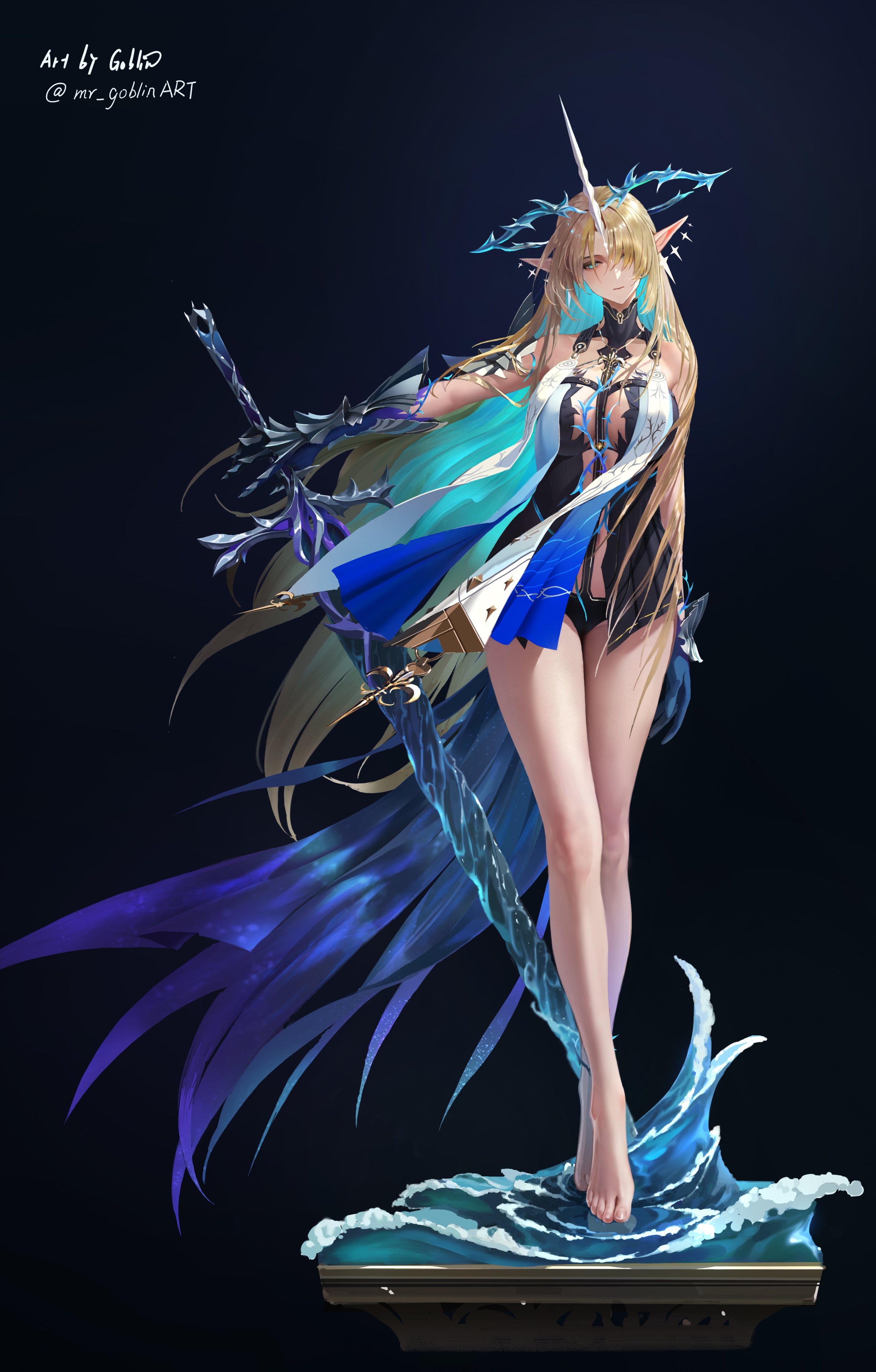 mr goblin, fleurdelys (wuthering waves), wuthering waves, absurdres, commentary, english commentary, highres, 1girl, armor, armored gloves, artist name, bare shoulders, barefoot, black background, black collar, black dress, blonde hair, blue eyes, blue hands, breasts, collar, colored inner hair, crown of thorns, dress, earrings, floating crown, floating earrings, full body, hair over one eye, holding, holding sword, holding weapon, horns, jewelry, large breasts, long hair, long horns, multicolored hair, outstretched arm, pointy ears, shoulder armor, simple background, single horn, solo, standing, sword, tabard, tacet mark (wuthering waves), twitter username, very long hair, water, waves, weapon, white tabard, yellow horns