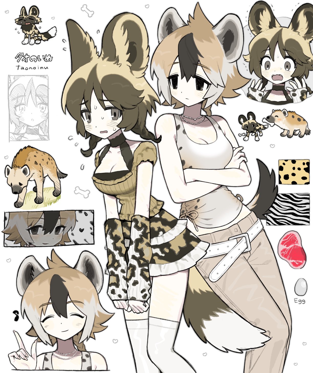 taonoinu, original, highres, 2girls, animal ears, artist name, black eyes, black hair, blush, braid, breasts, brown hair, brown pants, cleavage, closed eyes, closed mouth, collarbone, crossed arms, fang, flying sweatdrops, grey eyes, hyena ears, hyena girl, hyena tail, index finger raised, large breasts, long sleeves, looking at another, low twin braids, multicolored hair, multiple girls, open mouth, pants, short hair, tail, thighhighs, twin braids, two-tone hair, white hair, white thighhighs