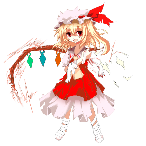 nejime, flandre scarlet, touhou, bad id, bad pixiv id, lowres, 1girl, amputee, bandages, blonde hair, blood, female focus, full body, hat, mob cap, red eyes, ribbon, short hair, simple background, solo, standing, torn clothes, white background, wings