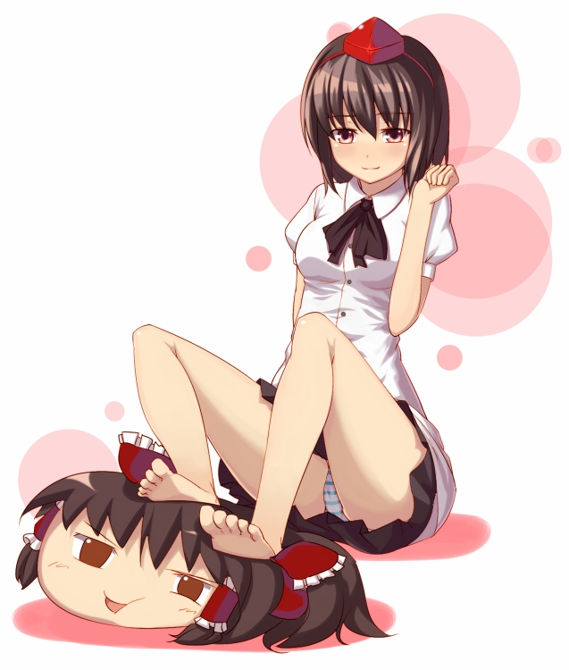 ket-c, hakurei reimu, shameimaru aya, touhou, bad id, bad pixiv id, 1girl, barefoot, black hair, feet, female focus, hat, looking at viewer, panties, pantyshot, ribbon, short hair, skirt, soles, solo, striped clothes, striped panties, underwear, yukkuri shiteitte ne