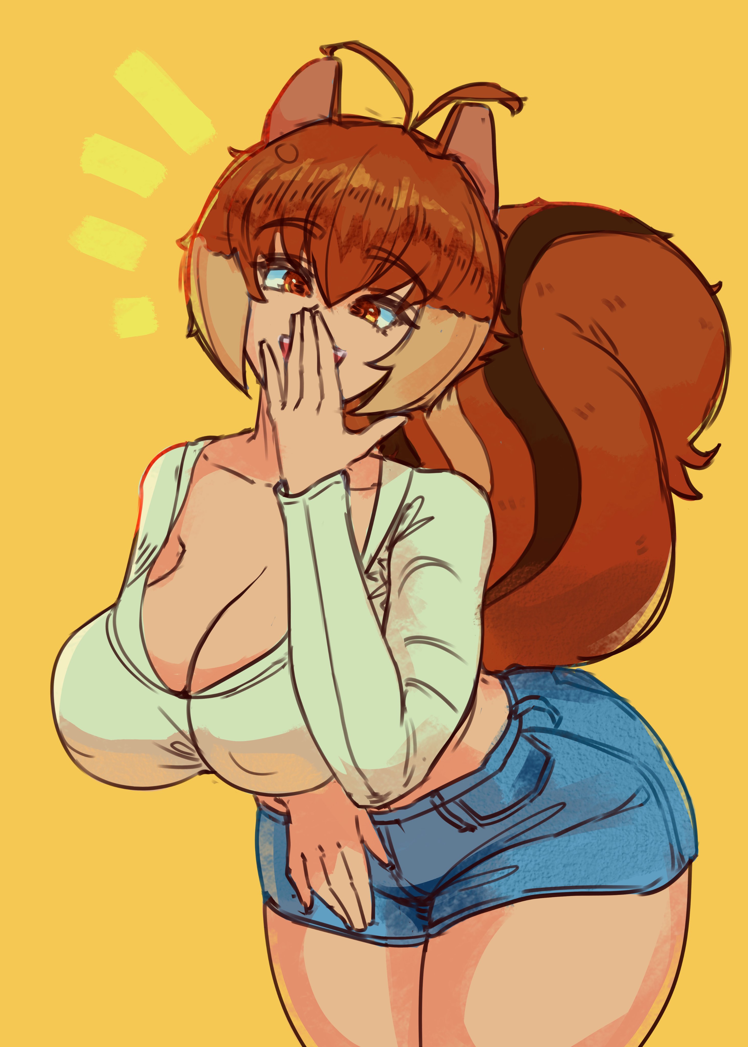 taobaka, makoto nanaya, arc system works, blazblue, absurdres, highres, 1girl, alternate costume, animal ears, antenna hair, blue shorts, breasts, brown eyes, brown hair, cleavage, covered erect nipples, covering own mouth, cowboy shot, crop top, curvy, large breasts, looking at viewer, multicolored hair, open mouth, short hair, shorts, simple background, smile, smug, solo, squirrel ears, squirrel girl, squirrel tail, tail, thick thighs, thighs, two-tone hair, wide hips, yellow background