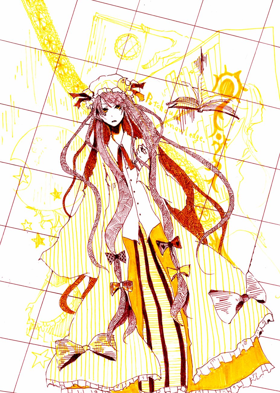 sakuma, patchouli knowledge, touhou, bad id, bad pixiv id, highres, 1girl, book, female focus, hair ribbon, hat, long hair, monochrome, ribbon, solo, spot color