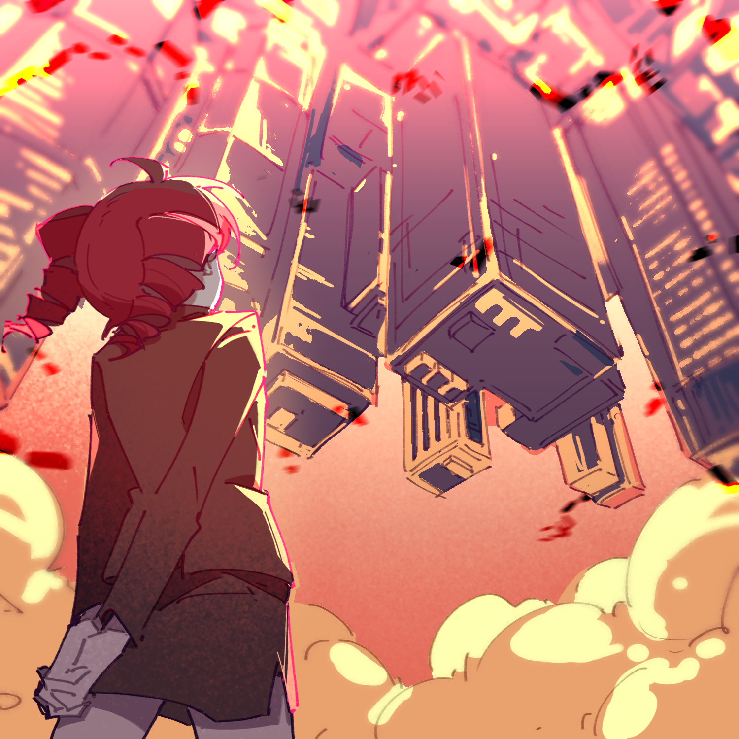 jiu (jiu076), kasane teto, utau, highres, 1girl, ahoge, arms behind back, brown jacket, brown skirt, building, cloud, drill hair, jacket, long sleeves, own hands together, red hair, short hair, skirt, skyscraper, solo, taihaiteki jinsei sanka (utau), twin drills, upside-down