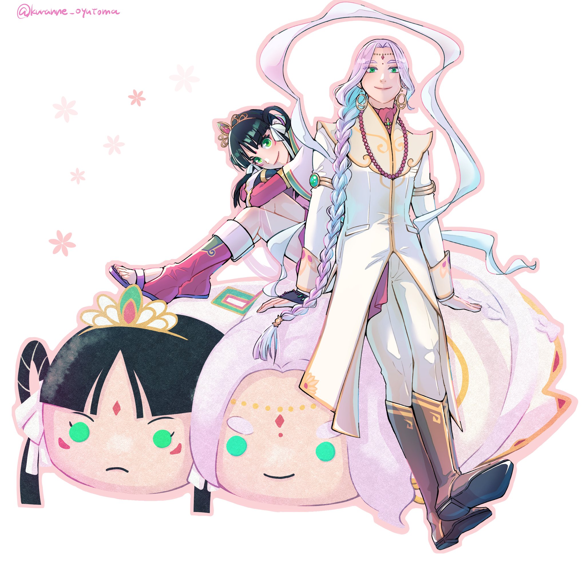 kuranne, nahyuta sahdmadhi, rayfa padma khura'in, ace attorney, phoenix wright: ace attorney – spirit of justice, gold armlet, highres, 1boy, 1girl, bindi, black hair, boots, braid, braided ponytail, brown boots, character doll, doll, earrings, facial mark, full body, green eyes, hair rings, jewelry, long hair, open-toe boots, outline, pants, pink boots, pink outline, purple hair, ribbon, robe, sash, sitting, smile, stuffed toy, thick eyebrows, tiara, twitter username, very long hair, white background, white pants, white ribbon, white robe, white sash