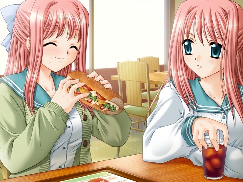 sakura mitono, nonomiya chihaya, nonomiya chihiro, futari de hitotsu no koigokoro, game cg, source request, 2girls, :3, ^ ^, blouse, blue eyes, bow, chair, closed eyes, drink, drinking, eating, food, food on face, frown, hair bow, holding, holding food, indoors, jacket, long hair, long sleeves, multiple girls, open clothes, open jacket, pink hair, restaurant, sandwich, school uniform, shirt, siblings, sidelocks, smile, soda, submarine sandwich, table, twins, unbuttoned, white shirt
