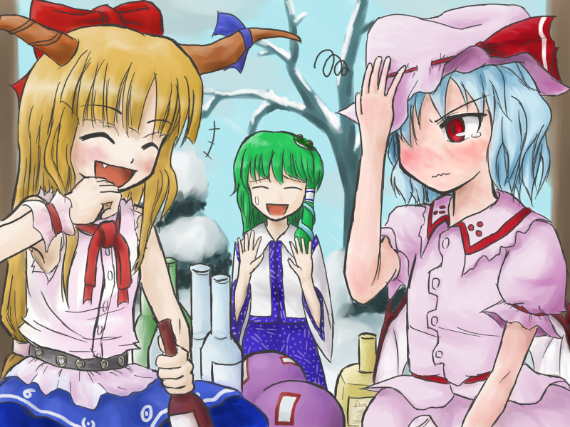 kamehoro, ibuki suika, kochiya sanae, remilia scarlet, touhou, 3girls, blue hair, bottle, fang, female focus, green hair, hat, horns, long hair, multiple girls, red eyes, ribbon, short hair, snow, tears, wings, wrist cuffs, wristband