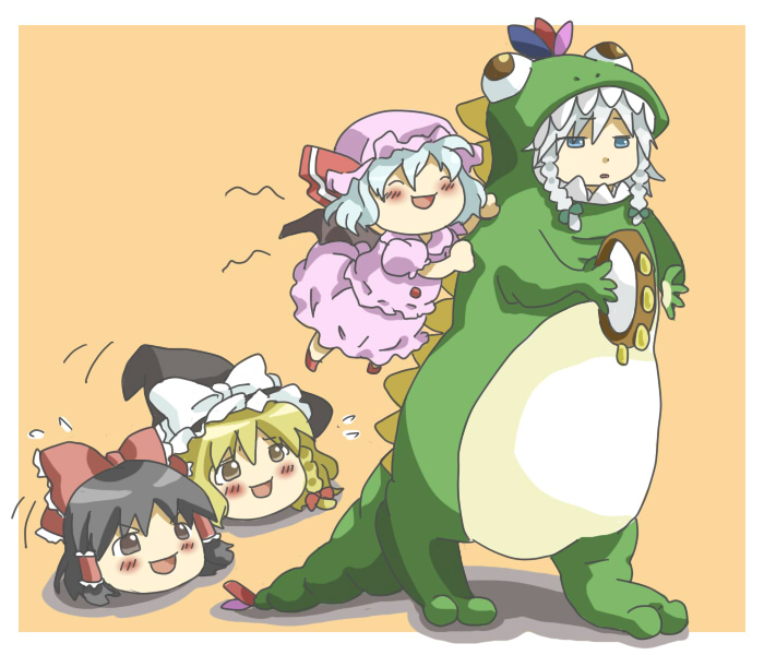 makako, makako (yume bouei shoujo tai), hakurei reimu, izayoi sakuya, kirisame marisa, remilia scarlet, touhou, 2girls, ^ ^, bat wings, closed eyes, costume, female focus, instrument, multiple girls, tambourine, wings, yukkuri shiteitte ne