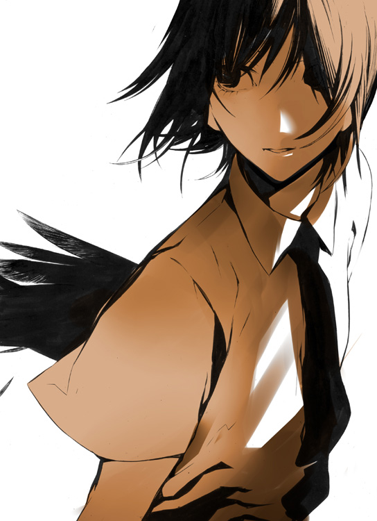 onigunsou, shameimaru aya, touhou, looking away, 1girl, expressionless, female focus, hat, monochrome, necktie, orange theme, parted lips, solo