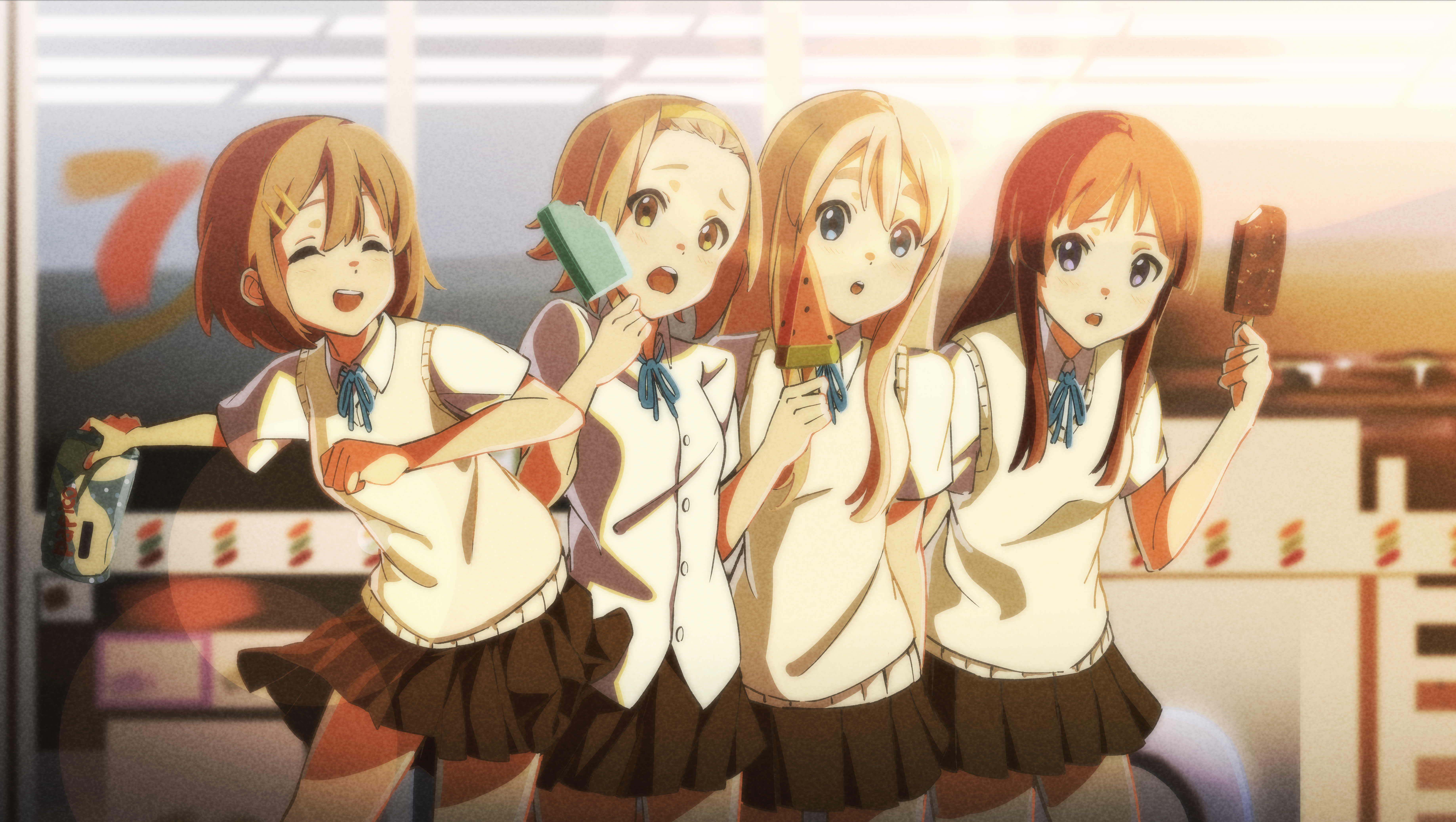 natsume hinako, akiyama mio, hirasawa yui, kotobuki tsumugi, tainaka ritsu, k-on!, papico (ice cream), absurdres, commentary, highres, 4girls, :o, black hair, black skirt, blonde hair, blue eyes, blue ribbon, blurry, blurry background, brown eyes, brown hair, buttons, candy, chocolate, closed eyes, collared shirt, copyright name, cowboy shot, dot nose, food, hair between eyes, hair ornament, hairband, hairclip, happy, holding, holding candy, holding food, ice cream bar, light blush, long hair, long sidelocks, miniskirt, multiple girls, neck ribbon, open mouth, pleated skirt, popsicle, purple eyes, ribbon, sakuragaoka high school uniform, school uniform, shirt, short hair, short sleeves, sidelocks, skirt, smile, standing, summer uniform, sweater vest, teeth, thick eyebrows, upper teeth only, watermelon bar, white shirt, wing collar, wrapped candy, yellow hairband, yellow sweater vest