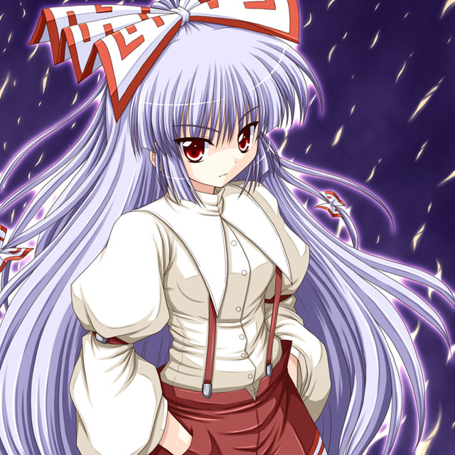 bococho, fujiwara no mokou, touhou, eyebrows, silver hair, 1girl, blue hair, bow, buttons, female focus, hair bow, hair ribbon, hands in pockets, hime cut, long hair, long sleeves, puffy sleeves, red eyes, ribbon, shirt, solo, suspenders, white shirt