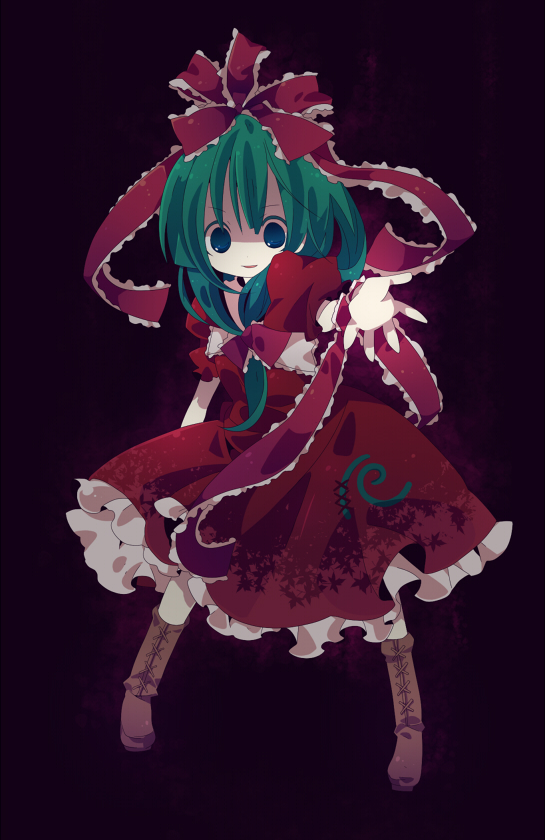 ana (rznuscrf), kagiyama hina, touhou, 1girl, beckoning, blue eyes, boots, bow, female focus, front ponytail, full body, green hair, hair bow, hair ribbon, lace-up boots, legs apart, outstretched arm, outstretched hand, ribbon, shaded face, simple background, solo, standing