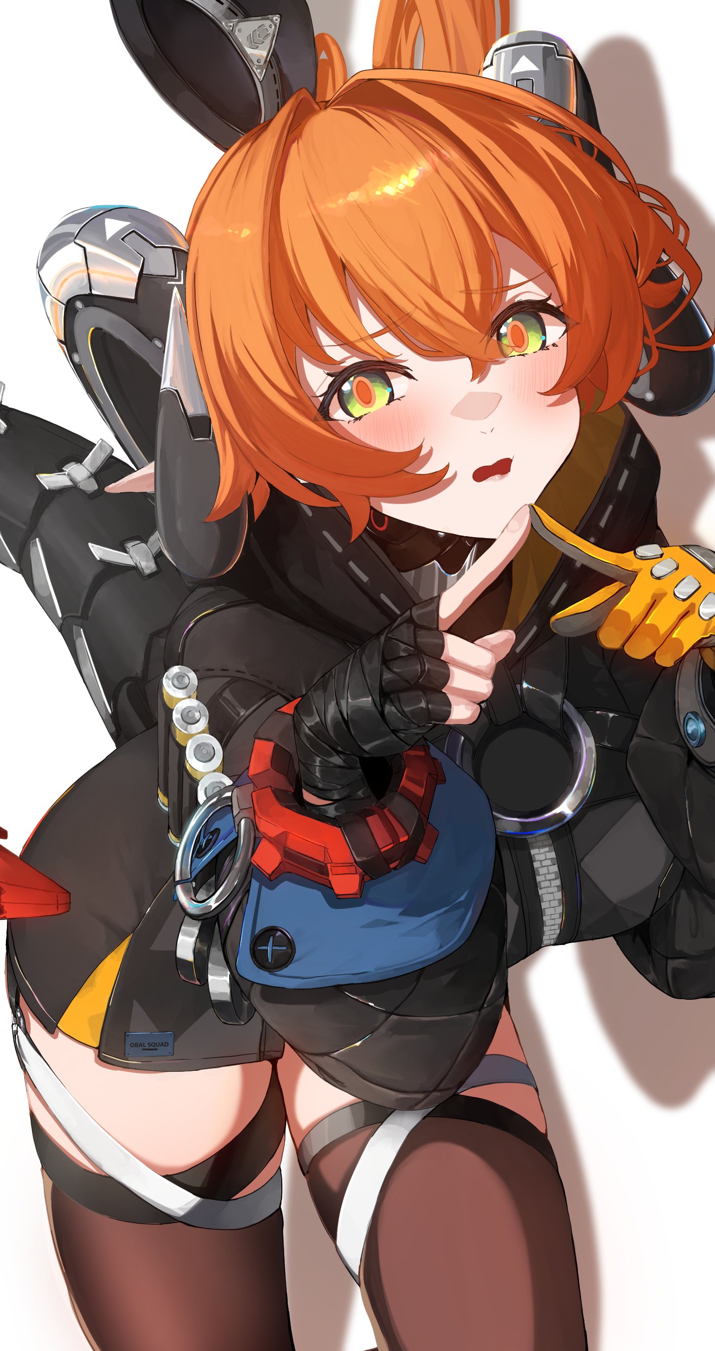 ailushin, orphie magnusson, zenless zone zero, absurdres, highres, 1girl, ammunition, asymmetrical gloves, black horns, black jacket, blush, dragon girl, dragon horns, dress, fidgeting, fingerless gloves, gloves, green eyes, hat, horns, jacket, mechanical horns, mechanical tail, mismatched gloves, open mouth, orange hair, orange pupils, panties, shy, single fingerless glove, solo, tail, thighhighs, underwear, white background, yellow gloves, yellow panties, zipper dress, zipping