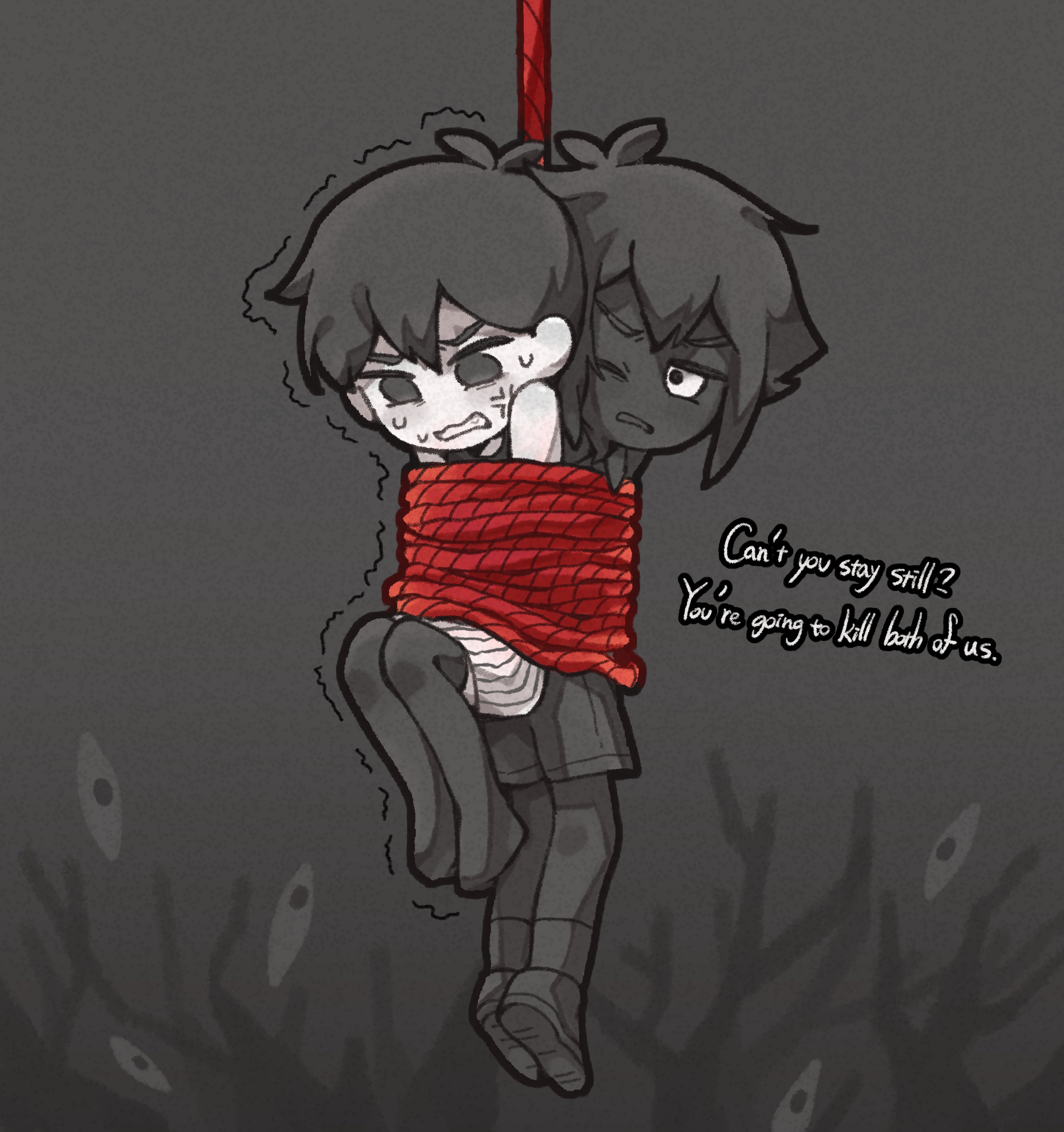 thatbirdcanfly, omori (omori), something (omori), stranger (omori), omori, absurdres, highres, 2boys, anger vein, antenna hair, black eyes, black hair, black shoes, black shorts, black skin, black socks, black thighhighs, colored skin, double-parted bangs, english text, looking at another, male focus, multiple boys, one eye closed, open mouth, restrained, rope, shoes, short hair, shorts, sidelocks, socks, striped clothes, striped shorts, sweat, thighhighs, vertical-striped clothes, vertical-striped shorts, white eyes, white shorts, white skin