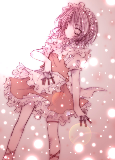 kasuga sunao, izayoi sakuya, touhou, 1girl, between fingers, female focus, holding, knife, maid, maid headdress, monochrome, solo