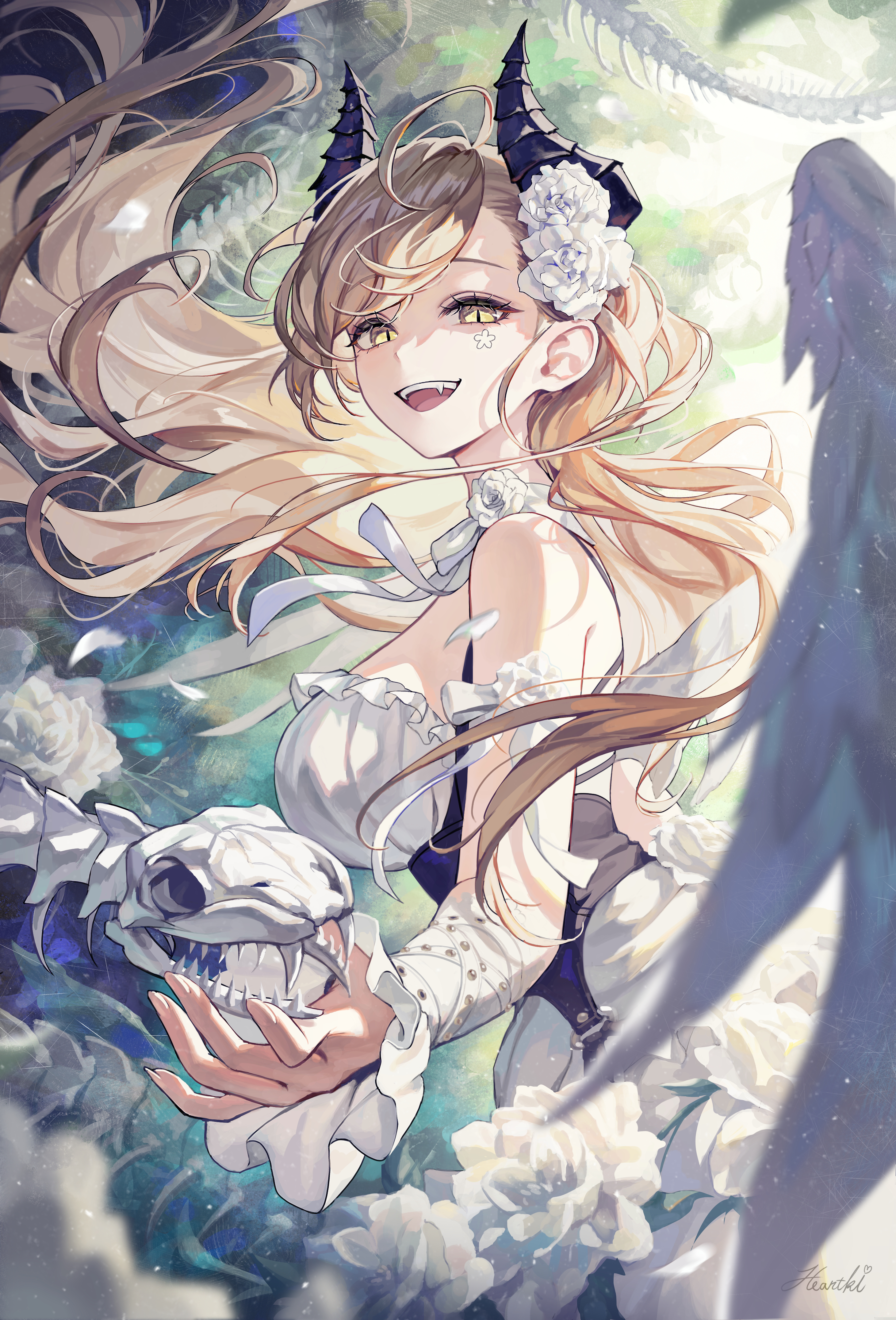 heartki, original, absurdres, commentary, highres, revision, 1girl, animal skeleton, bare shoulders, black horns, blonde hair, breasts, cowboy shot, dress, facial mark, fang, fingernails, floating hair, flower, frilled dress, frills, hair floating upwards, hair flower, hair ornament, hand up, horns, large breasts, long hair, looking at viewer, looking to the side, mark under eye, open mouth, signature, slit pupils, smile, solo, teeth, upper teeth only, very long hair, white dress, white flower, white petals, wings, yellow eyes