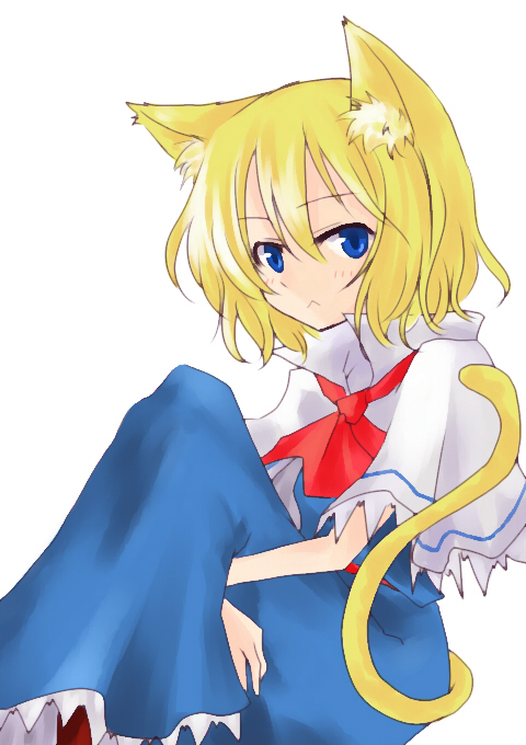 myama, alice margatroid, touhou, bad id, bad pixiv id, 1girl, animal ears, blonde hair, blue eyes, capelet, cat ears, cat girl, cat tail, female focus, hugging own legs, kemonomimi mode, looking at viewer, no headwear, short hair, solo, tail