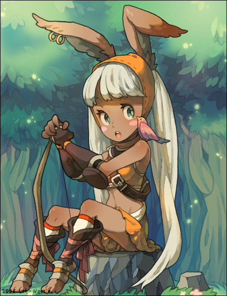 nessie, nessie (kska), archer (ffta), final fantasy, final fantasy tactics, final fantasy tactics advance, bad id, bad pixiv id, 1girl, animal ears, barefoot, bird, bow (weapon), dark-skinned female, dark skin, female focus, green eyes, long hair, rabbit ears, sitting, solo, viera, weapon, white hair
