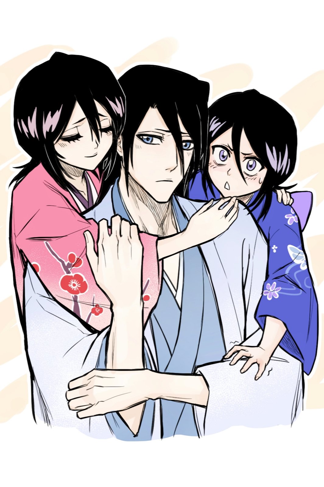 antatica11, kuchiki byakuya, kuchiki hisana, kuchiki rukia, bleach, chinese commentary, commentary, highres, 1boy, 2girls, alternate costume, black hair, blue eyes, blue kimono, blush, closed eyes, closed mouth, couple, cropped torso, double-parted bangs, eyelashes, family, floral print, floral print kimono, frown, girl sandwich, hair between eyes, hand on another's arm, hand up, hetero, hug, hug from behind, husband and wife, japanese clothes, kimono, light blush, long hair, long sleeves, looking at another, looking at viewer, medium hair, multiple girls, outline, pink kimono, print kimono, purple eyes, sandwiched, siblings, simple background, sisters, smile, sweatdrop, time paradox, trembling, triangle mouth, tsurime, upper body, v-shaped eyebrows, white background, white outline, wide-eyed, wide sleeves