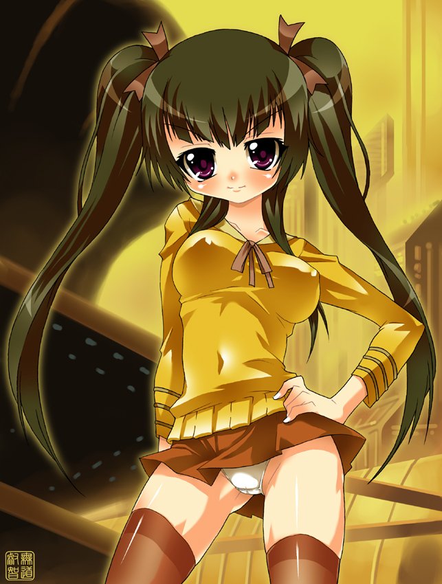 mudou eichi, wang liu mei, gundam, gundam 00, 00s, 1girl, blush, breasts, covered erect nipples, female focus, green hair, hand on own hip, hip focus, long hair, panties, pantyshot, purple eyes, signature, solo, thigh gap, thighhighs, thighs, twintails, underwear