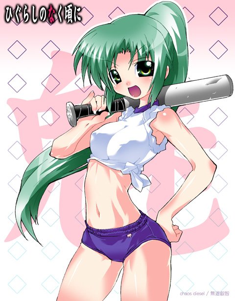 mudou eichi, sonozaki shion, higurashi no naku koro ni, 00s, baseball bat, buruma, cowboy shot, green eyes, green hair, high ponytail, long hair, midriff, ponytail, solo
