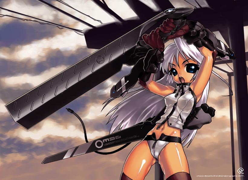 mudou eichi, original, dark-skinned female, dark skin, mecha musume, open fly, open zipper, panties, sleeveless, sleeveless turtleneck, solo, thighhighs, turtleneck, underwear, unzipped, weapon, zipper
