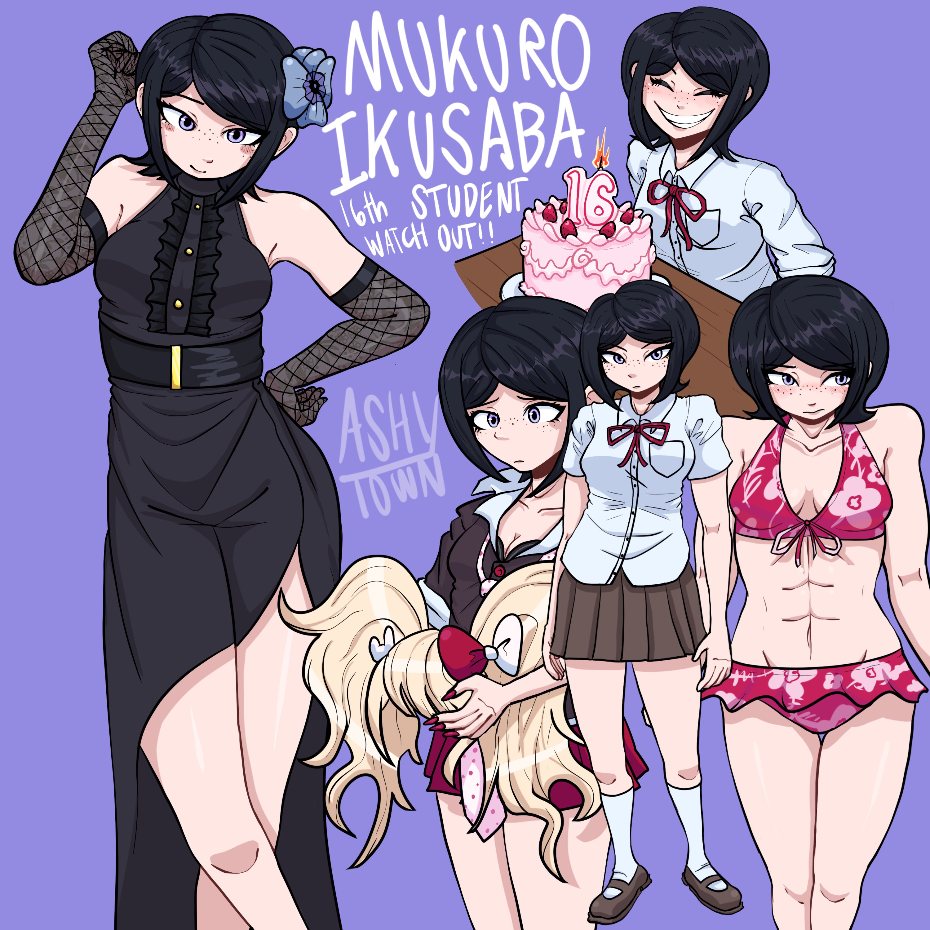 enoshima junko, ikusaba mukuro, danganronpa, danganronpa/zero, danganronpa: trigger happy havoc, danganronpa (series), danganronpa s: ultimate summer camp, absurdres, commentary, highres, spoilers, 1girl, abs, artist name, ashytown, bare shoulders, bikini, birthday cake, black dress, black gloves, black hair, black shirt, blue eyes, blue flower, blush, blush stickers, breast pocket, breasts, brown shoes, brown skirt, cake, candle, closed eyes, closed mouth, collared shirt, cosplay, danganronpa 10th anniversary costume, dress, elbow gloves, english text, enoshima junko (cosplay), eyelashes, fire, fishnet gloves, fishnets, flower, food, freckles, gloves, grin, hair flower, hair ornament, hand on own hip, holding wig, multiple views, neck ribbon, official alternate costume, pink bikini, pocket, print bikini, purple background, red ribbon, red skirt, ribbon, shirt, shoes, short hair, short sleeves, simple background, skirt, smile, socks, swimsuit, teeth, toned, toned female, two-tone bow, unworn wig, white shirt, white socks, wig