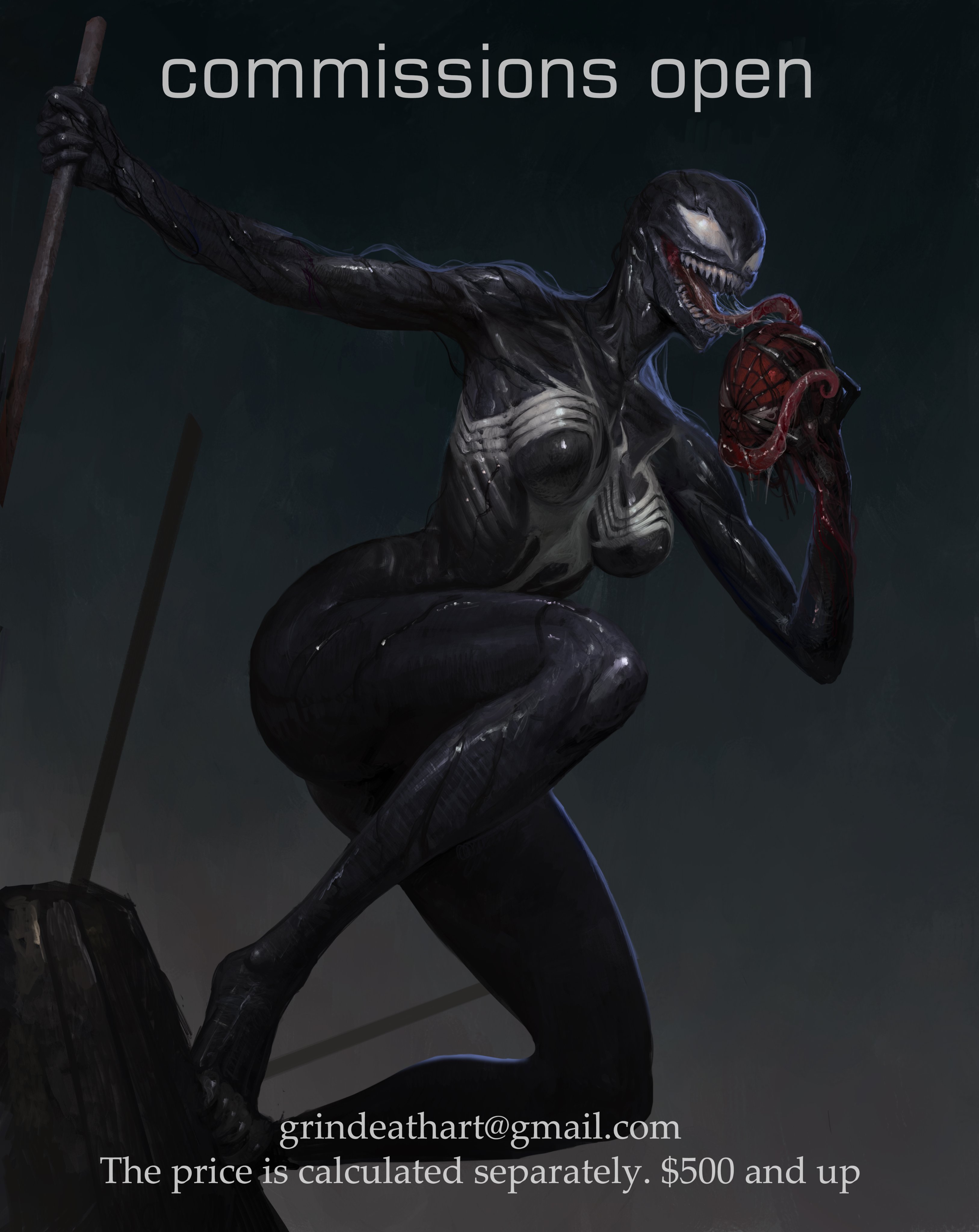 oleg bulakh, she-venom, spider-man, marvel, spider-man (series), absurdres, highres, 1girl, breasts, english text, full body, licking, long tongue, medium breasts, realistic, ribs, severed head, sharp teeth, solo, teeth, tongue, very long tongue, watermark