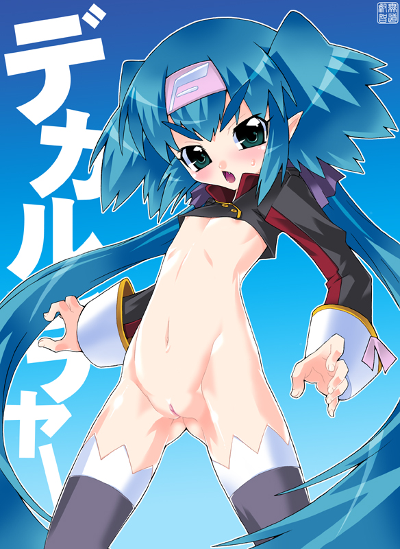 mudou eichi, klan klein, macross, macross frontier, 00s, 1girl, blue background, blue hair, blush, cowboy shot, fang, female focus, flat chest, gluteal fold, gradient background, green eyes, hairband, headband, loli, long hair, open mouth, outline, pointy ears, pussy, sleeve cuffs, solo, sweatdrop, thick eyebrows, thighhighs, v-shaped eyebrows, very long hair, white outline