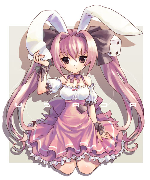 katahira masashi, usada hikaru, di gi charat, animal ears, character name, full body, long hair, rabbit ears, ribbon, smile, solo, very long hair